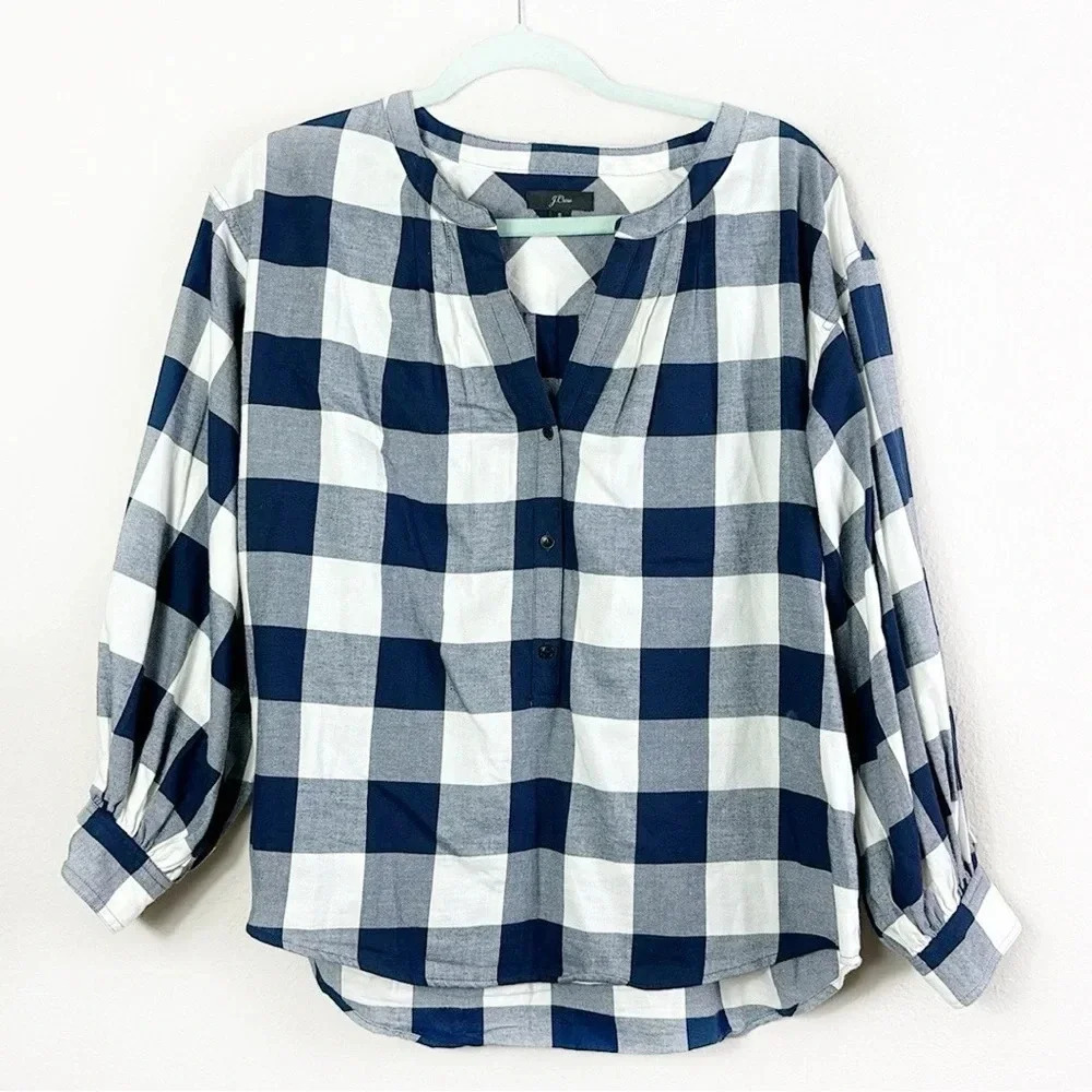 J. Crew Navy Blue & White Buffalo‎ Plaid Flannel Checkered Sleeve Shirt Top S